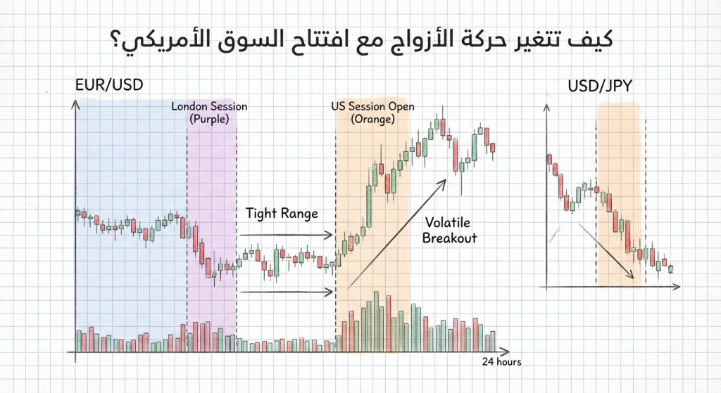 كيف تتغير حركة الأزواج مع افتتاح السوق الأمريكي؟