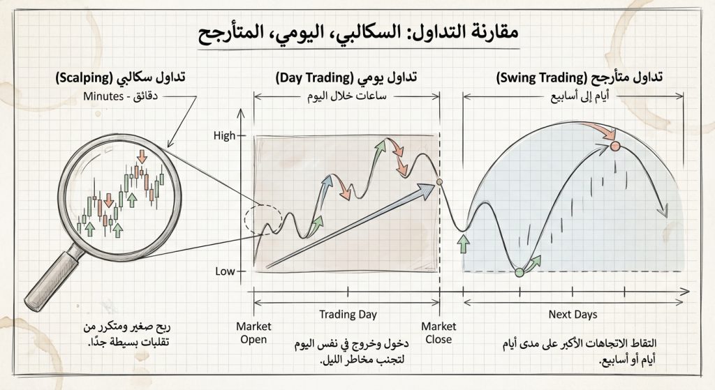 ما هو التداول السكالبي مقابل التداول اليومي مقابل التداول المتأرجح (Scalping vs
Day Trading vs Swing Trading)؟