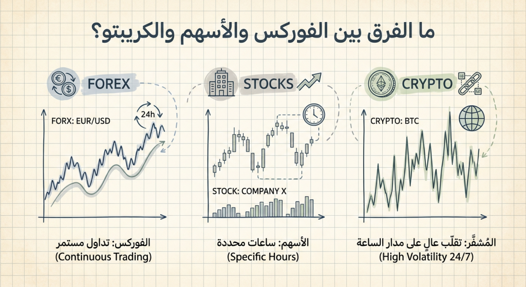 ما الفرق بين الفوركس والأسهم والكريبتو؟