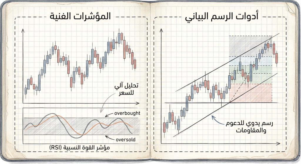 ما الفرق بين المؤشرات الفنية وأدوات الرسم البياني؟