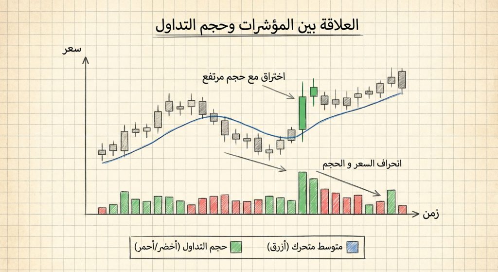 ما العلاقة بين المؤشرات الفنية وحجم التداول؟