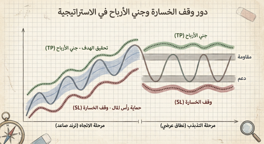 ما دور وقف الخسارة وجني الأرباح في الاستراتيجية؟